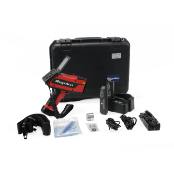 Rigaku KT-100 handheld LIBS analyzer positioned in front of hard carrying case with batteries, charger, cables, strap, and alloy standard displayed.