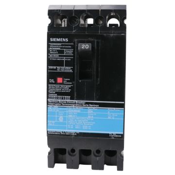 Siemens Sentron ED43B020 3-pole 20 amp molded case circuit breaker front view showing rating label and toggle handle product view