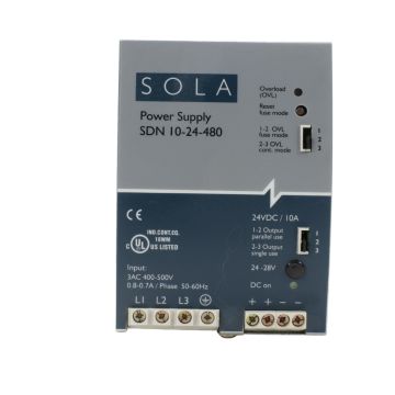 SolaHD SDN 10-24-480 DIN rail power supply with 24 VDC 10 A output and three-phase 380-480 VAC input