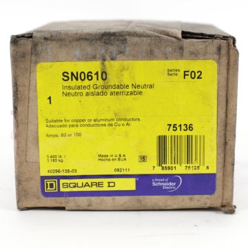 Square D SN0610 insulated groundable neutral assembly kit 60A/100A for safety switches