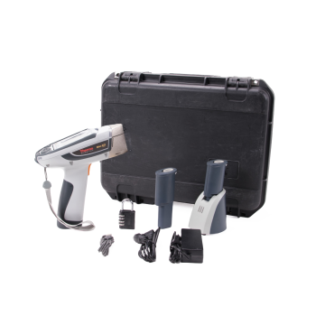 Refurbished Thermo Niton XL3t 980 GOLDD+ handheld XRF with Precious Metals, Soils & Minerals, Spectral Fingerprint, Small Spot; batteries, cradle, and case shown
