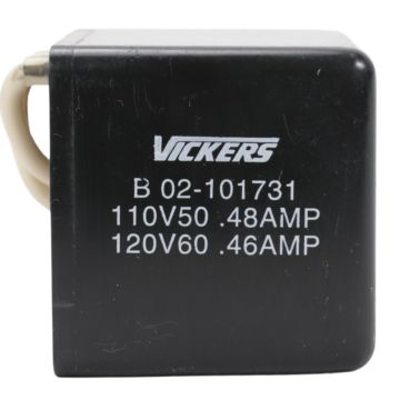 Vickers by Danfoss 02-101731 AC solenoid coil showing voltage and current markings with flying leads product view