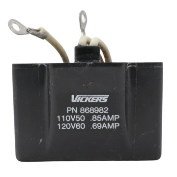 Vickers by Danfoss 868982 AC solenoid coil with black encapsulated housing and flying leads showing voltage and current markings product view