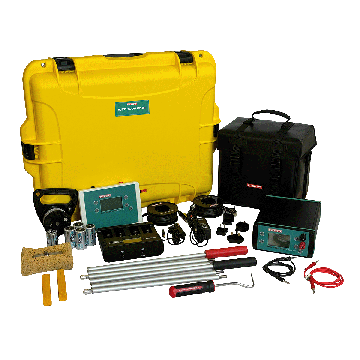 Wet Roof Pro2 kit view: detector, generator, carrying cases, leads, electrodes, rods, extension poles, batteries and chargers